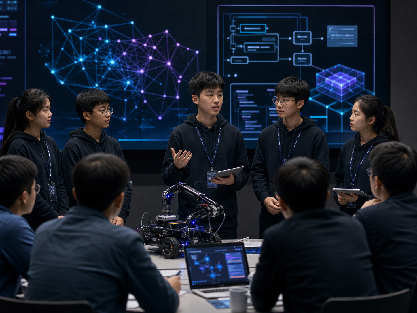 青少年团队向导师展示人工智能与机器人系统方案
