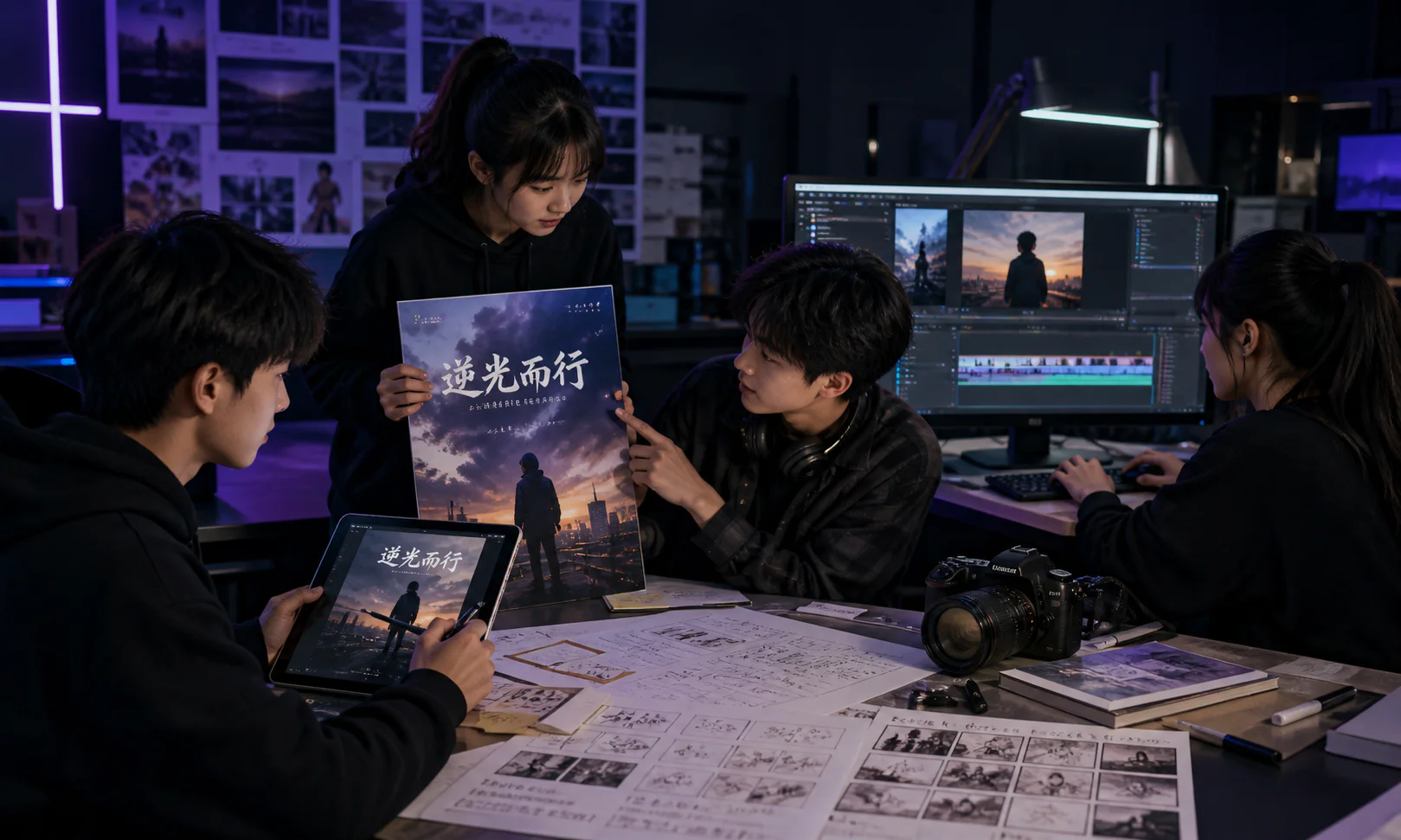 青少年团队协作制作视觉海报与原创短视频