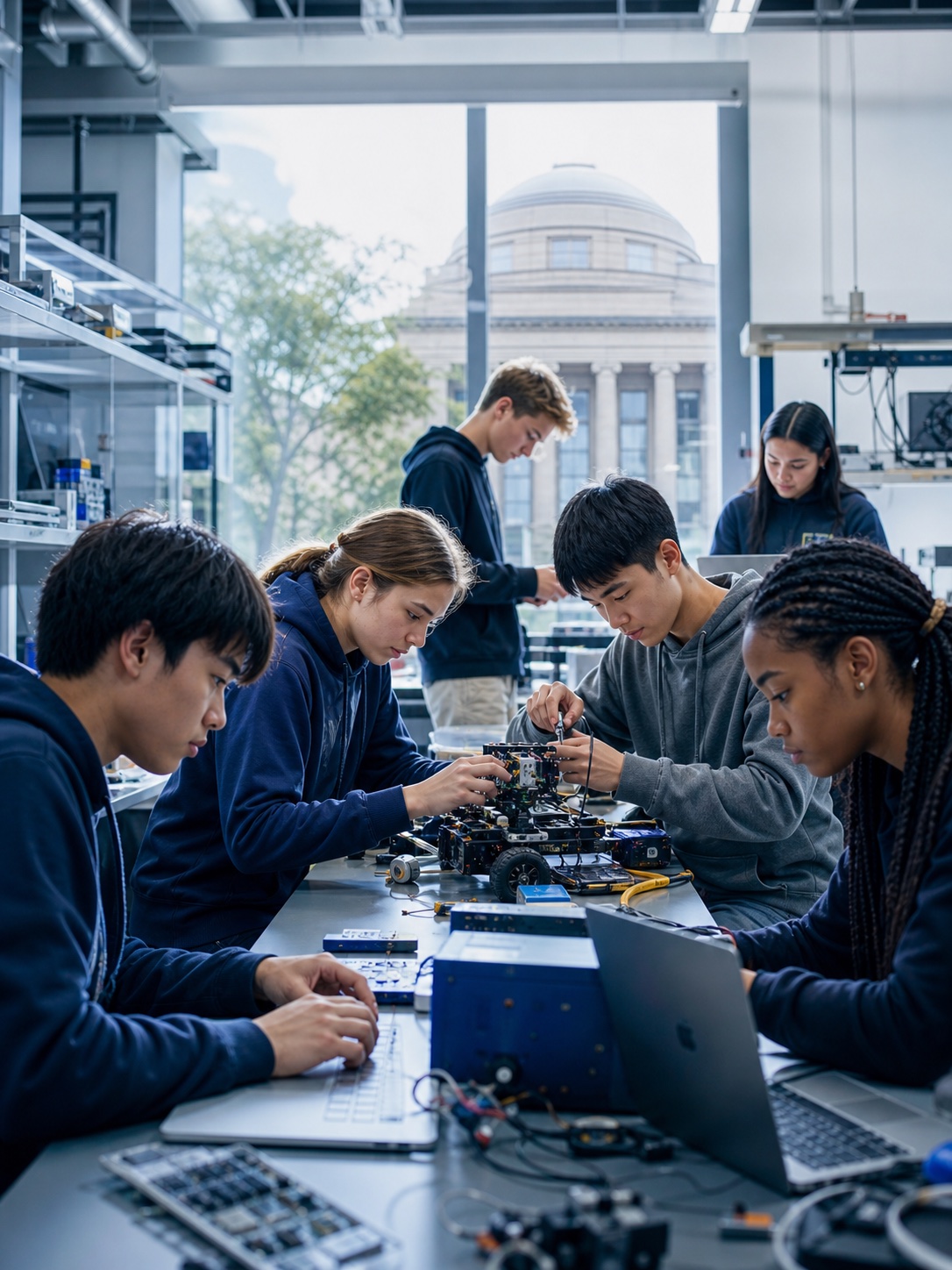 青少年在工程实验室协作完成机器人原型