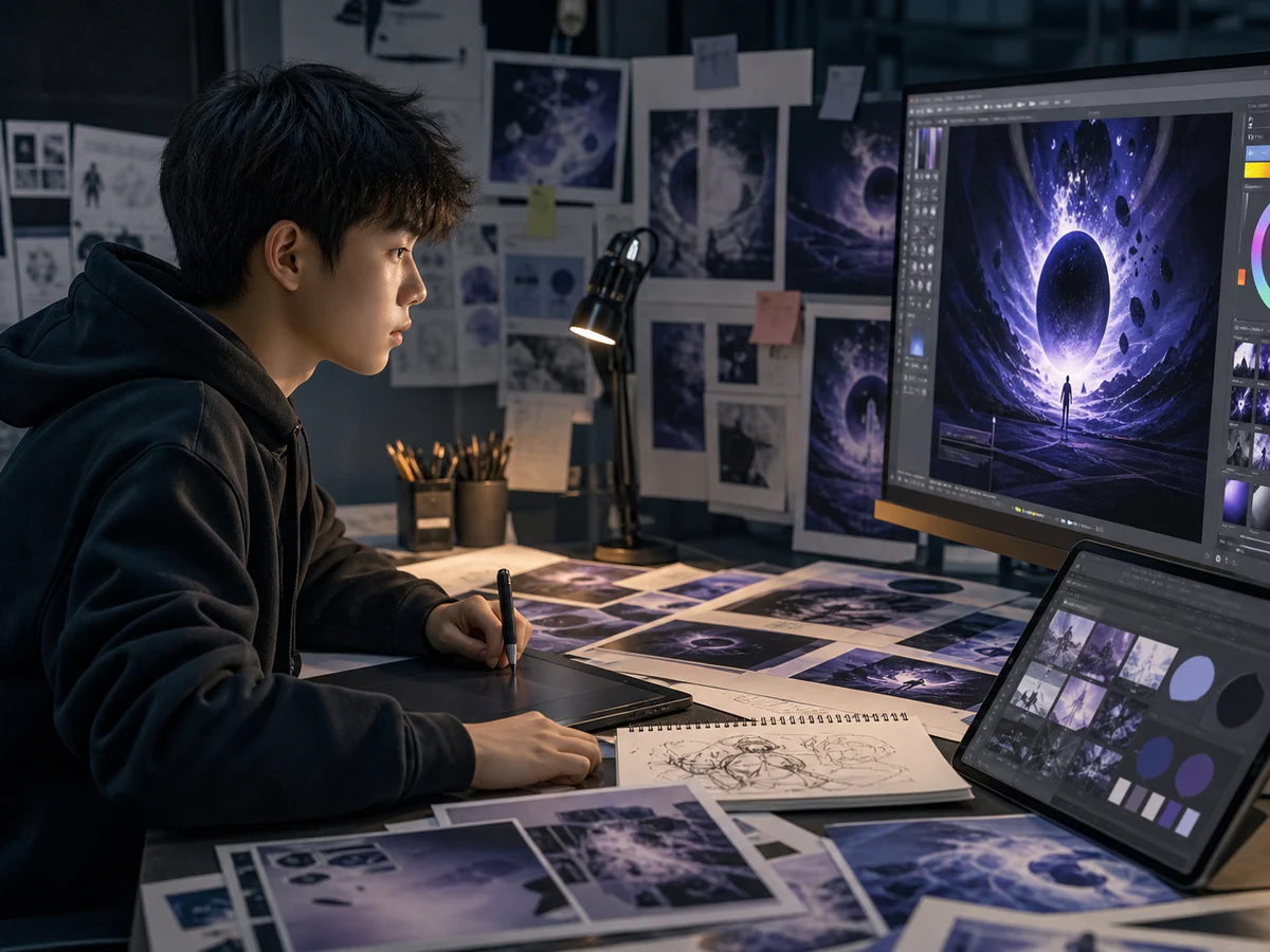 AI 视觉海报创作过程视觉示意